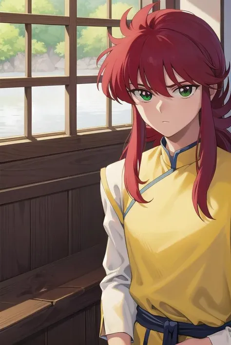 kurama, <lora:kurama-lora-nochekaiser:1>,
kurama, long hair, red hair, bangs, (green eyes:1.5), (retro artstyle:1.5), 1990s \(style\),
BREAK long sleeves, pants, chinese clothes, white pants, (yellow shirt:1.5), (white sleeves:1.5), (pelvic curtain:1.2), sash, sleeveless shirt,
BREAK indoors,
BREAK looking at viewer, cowboy shot,
BREAK <lyco:GoodHands-beta2:1>, (masterpiece:1.2), best quality, high resolution, unity 8k wallpaper, (illustration:0.8), (beautiful detailed eyes:1.6), extremely detailed face, perfect lighting, extremely detailed CG, (perfect hands, perfect anatomy),
