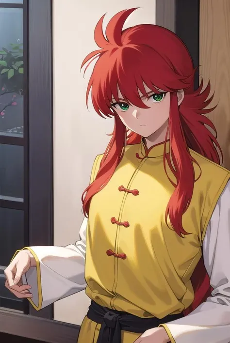 kurama, <lora:kurama-lora-nochekaiser:1>, 
kurama, long hair, red hair, bangs, (green eyes:1.5), (retro artstyle:1.5), 1990s \(style\),
BREAK long sleeves, pants, chinese clothes, white pants, (yellow shirt:1.5), (white sleeves:1.5), (pelvic curtain:1.2), sash, sleeveless shirt,
BREAK indoors, 
BREAK looking at viewer, cowboy shot,
BREAK <lyco:GoodHands-beta2:1>, (masterpiece:1.2), best quality, high resolution, unity 8k wallpaper, (illustration:0.8), (beautiful detailed eyes:1.6), extremely detailed face, perfect lighting, extremely detailed CG, (perfect hands, perfect anatomy),