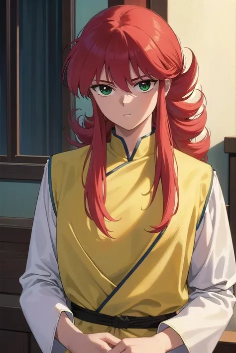 kurama, <lora:kurama-lora-nochekaiser:1>, 
kurama, long hair, red hair, bangs, (green eyes:1.5), (retro artstyle:1.5), 1990s \(style\),
BREAK long sleeves, pants, chinese clothes, white pants, (yellow shirt:1.5), (white sleeves:1.5), (pelvic curtain:1.2), sash, sleeveless shirt,
BREAK indoors, 
BREAK looking at viewer, cowboy shot,
BREAK <lyco:GoodHands-beta2:1>, (masterpiece:1.2), best quality, high resolution, unity 8k wallpaper, (illustration:0.8), (beautiful detailed eyes:1.6), extremely detailed face, perfect lighting, extremely detailed CG, (perfect hands, perfect anatomy),
