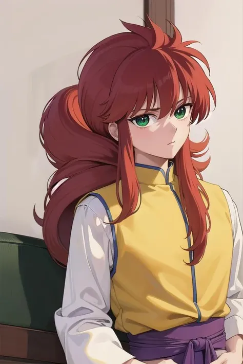kurama, <lora:kurama-lora-nochekaiser:1>, 
kurama, long hair, red hair, bangs, (green eyes:1.5), (retro artstyle:1.5), 1990s \(style\),
BREAK long sleeves, pants, chinese clothes, white pants, (yellow shirt:1.5), (white sleeves:1.5), (pelvic curtain:1.2), sash,
BREAK indoors, 
BREAK looking at viewer, cowboy shot,
BREAK <lyco:GoodHands-beta2:1>, (masterpiece:1.2), best quality, high resolution, unity 8k wallpaper, (illustration:0.8), (beautiful detailed eyes:1.6), extremely detailed face, perfect lighting, extremely detailed CG, (perfect hands, perfect ),
