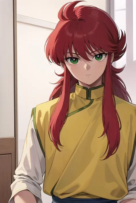kurama, <lora:kurama-lora-nochekaiser:1>, 
kurama, long hair, red hair, bangs, (green eyes:1.5), (retro artstyle:1.5), 1990s \(style\),
BREAK long sleeves, pants, chinese clothes, white pants, (yellow shirt:1.5), (white sleeves:1.5), (pelvic curtain:1.2), sash, sleeveless shirt,
BREAK indoors, 
BREAK looking at viewer, cowboy shot,
BREAK <lyco:GoodHands-beta2:1>, (masterpiece:1.2), best quality, high resolution, unity 8k wallpaper, (illustration:0.8), (beautiful detailed eyes:1.6), extremely detailed face, perfect lighting, extremely detailed CG, (perfect hands, perfect anatomy),