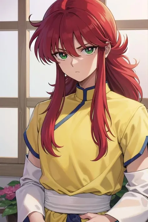 kurama, <lora:kurama-lora-nochekaiser:1>,
kurama, long hair, red hair, bangs, (green eyes:1.5), (retro artstyle:1.5), 1990s \(style\),
BREAK long sleeves, pants, chinese clothes, white pants, (yellow shirt:1.5), (white sleeves:1.5), (pelvic curtain:1.2), sash,
BREAK indoors,
BREAK looking at viewer, cowboy shot,
BREAK <lyco:GoodHands-beta2:1>, (masterpiece:1.2), best quality, high resolution, unity 8k wallpaper, (illustration:0.8), (beautiful detailed eyes:1.6), extremely detailed face, perfect lighting, extremely detailed CG, (perfect hands, perfect anatomy),