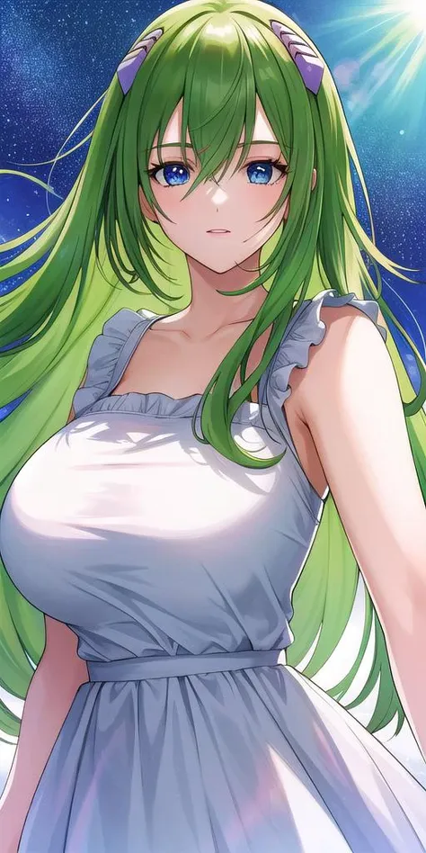 <lora:EmiliaJeniusV3:0.7> emiliajenius, huge_breasts, huge_breasts, standing, solo, sundress, starry_sky, green_hair,, masterpiece, best_quality, detailed_face, detailed_eyes, highres, beautiful, detailed,