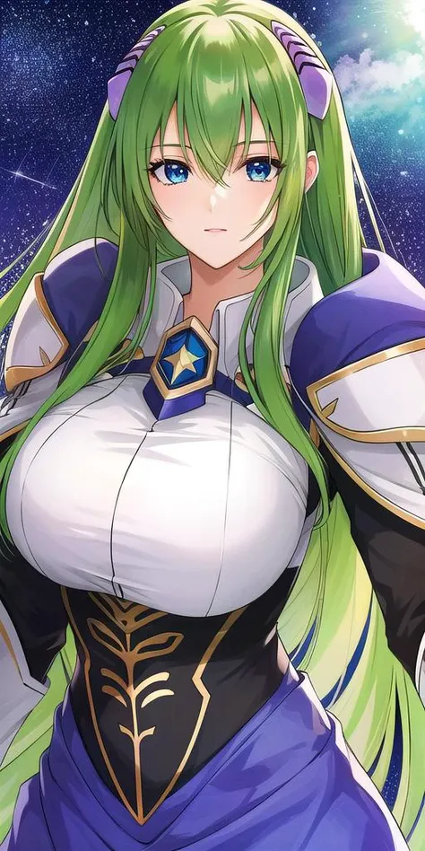 <lora:EmiliaJeniusV3:0.7> emiliajenius, huge_breasts, huge_breasts, standing, solo, , starry_sky, green_hair,, masterpiece, best_quality, detailed_face, detailed_eyes, highres, beautiful, detailed,