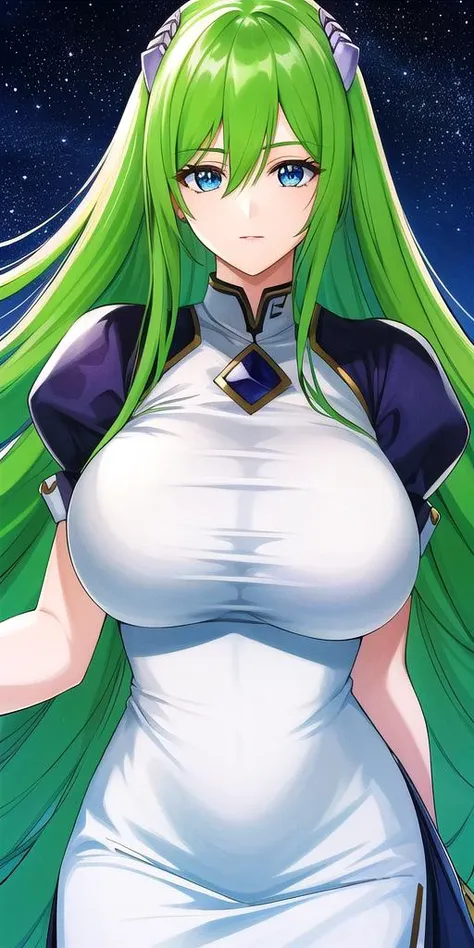 <lora:EmiliaJeniusV3:0.7> emiliajenius, huge_breasts, huge_breasts, standing, solo, china_dress, starry_sky, green_hair,, masterpiece, best_quality, detailed_face, detailed_eyes, highres, beautiful, detailed,