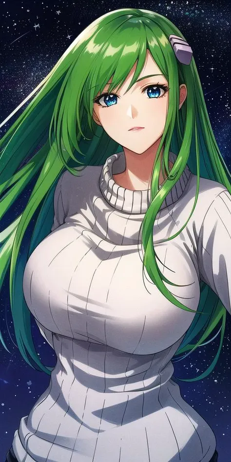 <lora:EmiliaJeniusV3:0.7> emiliajenius, huge_breasts, huge_breasts, standing, solo, sweater, starry_sky, green_hair,, masterpiece, best_quality, detailed_face, detailed_eyes, highres, beautiful, detailed,