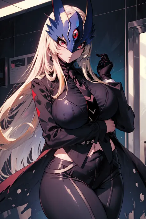 masterpiece,best quality,1girl,mature female,beelstarmon,red eyes,long hair,blonde hair,sidelocks,mask,huge breasts,wide hips,thick thighs,((tuxedo,business suit,black pants,necktie)),adjusting clothes,expressionless,indoors,<lora:My LORA:0.9>,