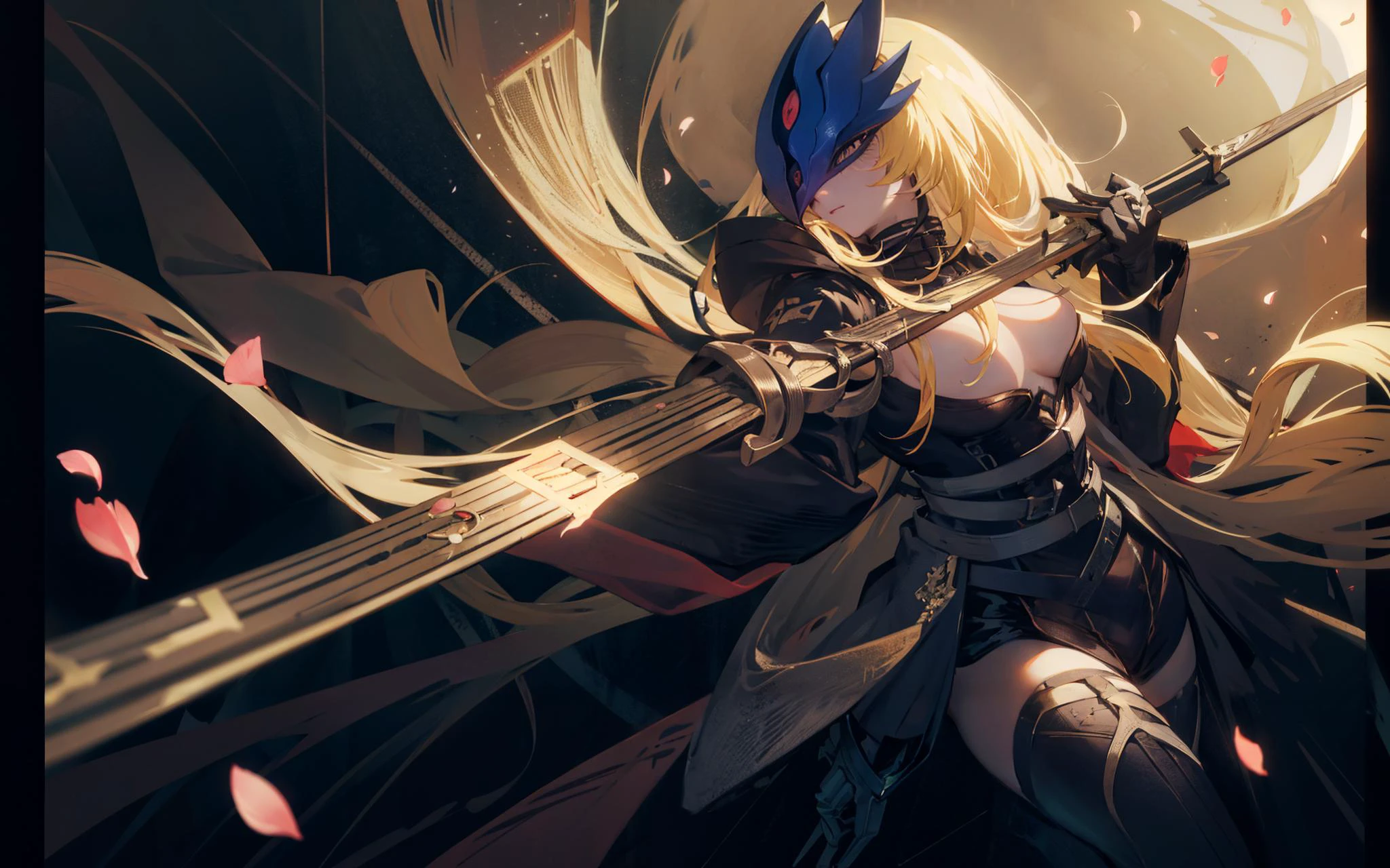 beelstarmon, 1girl, bangs, breasts, , gloves, large_breasts, letterboxed, long_hair, looking_at_viewer, parted_bangs, petals, blonde hair, ribbed_sleeves, solo, mask, very_long_hair <lora:beelstarmon-000012:1>