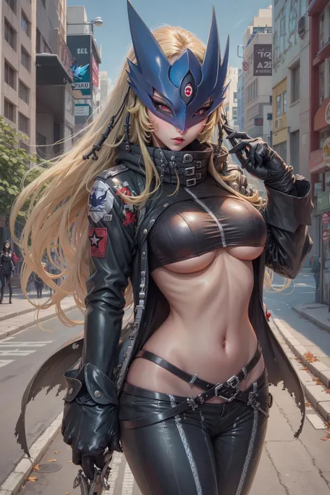 masterpiece, best quality, beautiful detailed eyes, beelstarmon, 1girl, solo, long hair, looking at viewer, large breasts, gloves, long sleeves, navel, standing, jacket, sidelocks, cowboy shot, open clothes, black gloves, midriff, belt, pants, city, street, <lora:beelstarmon-000012:1>