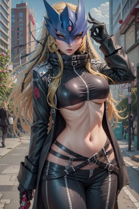 masterpiece, best quality, beautiful detailed eyes, beelstarmon, 1girl, solo, long hair, looking at viewer, large breasts, gloves, long sleeves, navel, standing, jacket, sidelocks, cowboy shot, open clothes, black gloves, midriff, belt, pants, city, street, <lora:beelstarmon-000012:1>