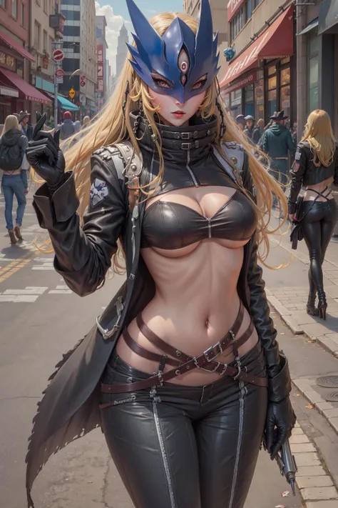 masterpiece, best quality, beautiful detailed eyes, beelstarmon, 1girl, solo, long hair, looking at viewer, large breasts, gloves, long sleeves, navel, standing, jacket, sidelocks, cowboy shot, open clothes, black gloves, midriff, belt, pants, city, street, <lora:beelstarmon-000012:1>