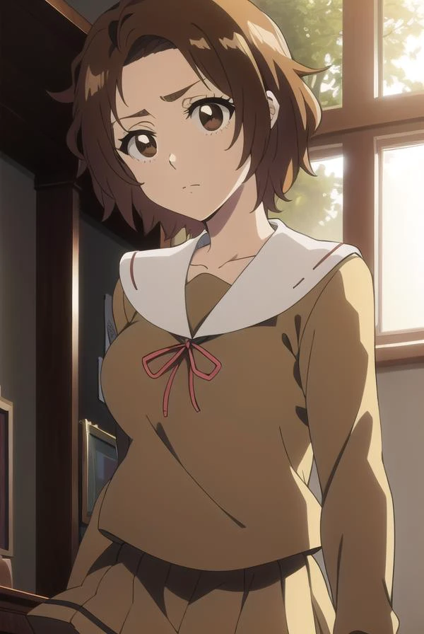 masakikurosaki, <lyco:masakikurosaki-LYCORIStest:1>,
masaki kurosaki, short hair, brown hair, (brown eyes:1.5),
BREAK skirt, ribbon, school uniform, pleated skirt, serafuku, socks, kneehighs, white socks,
BREAK looking at viewer,
BREAK indoors, classroom,
BREAK <lora:GoodHands-vanilla:1>, (masterpiece:1.2), best quality, high resolution, unity 8k wallpaper, (illustration:0.8), (beautiful detailed eyes:1.6), extremely detailed face, perfect lighting, extremely detailed CG, (perfect hands, perfect anatomy),