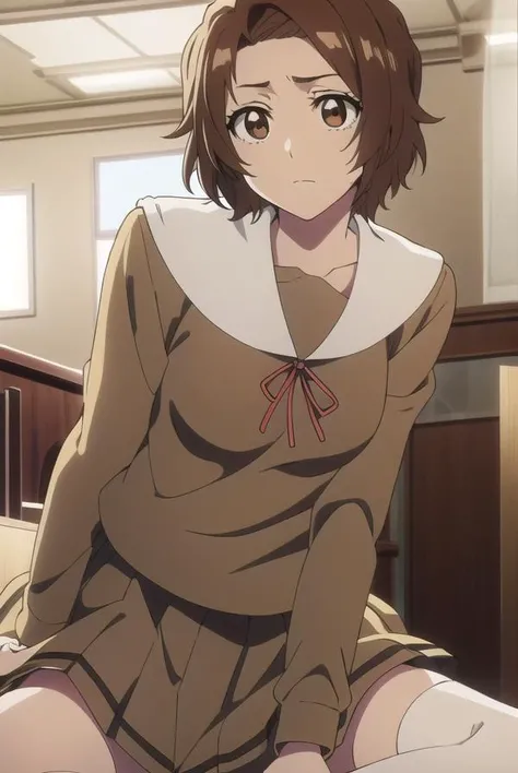 masakikurosaki, <lyco:masakikurosaki-LYCORIStest:1>,
masaki kurosaki, short hair, brown hair, (brown eyes:1.5),
BREAK skirt, ribbon, school uniform, pleated skirt, serafuku, socks, kneehighs, white socks,
BREAK looking at viewer,
BREAK indoors, classroom,
BREAK <lora:GoodHands-vanilla:1>, (masterpiece:1.2), best quality, high resolution, unity 8k wallpaper, (illustration:0.8), (beautiful detailed eyes:1.6), extremely detailed face, perfect lighting, extremely detailed CG, (perfect hands, perfect anatomy),