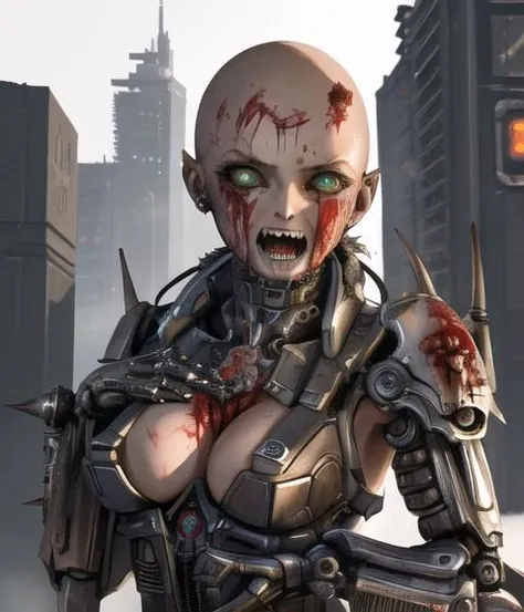 best quality, masterpiece, highres, extremely detailed girl, solo, sharp focus, cinematic lighting, character, 1 girl, solo, large Mechanical limbs, mechanical eyes, bald, (small breasts), rage, chainsaw hand, cyberpunk city, blood on face, sharp metal teeth