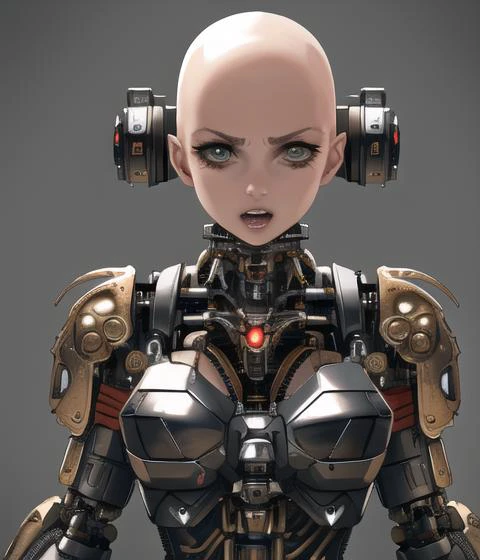 best quality, masterpiece, highres, extremely detailed girl, solo, sharp focus, cinematic lighting, character, 1 girl, solo, Mechanical limbs, cybernetic eyes, bald, small breasts, rage, chainsaw hand