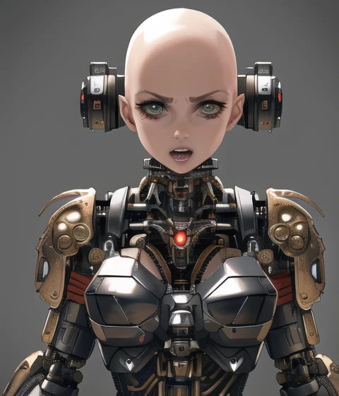 best quality, masterpiece, highres, extremely detailed girl, solo, sharp focus, cinematic lighting, character, 1 girl, solo, Mechanical limbs, cybernetic eyes, bald, small breasts, rage, chainsaw hand