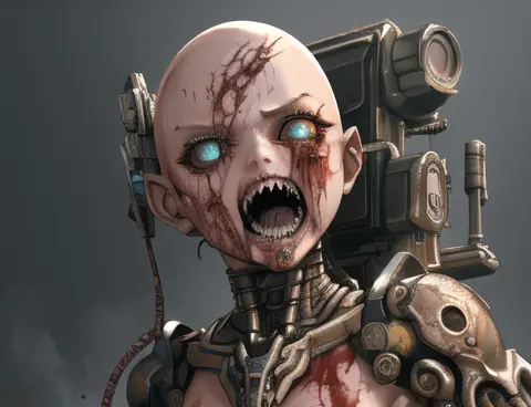 best quality, masterpiece, highres, extremely detailed girl, solo, sharp focus, cinematic lighting, character, 1 girl, solo, large Mechanical limbs, mechanical eyes, bald, (small breasts), rage, chainsaw hand, cyberpunk city, blood on face, sharp metal teeth, clawed hand, scars