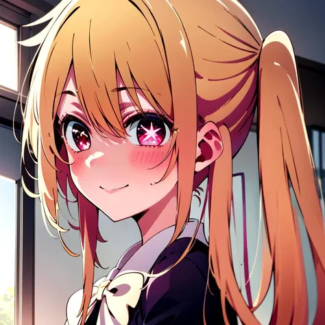 masterpiece, 8k wallpaper, best quality, 1girl, HoshinoRuby, <lora:HoshinoRuby_V2>, smile, blush, indoor, ((white star pupil left eyes,)), blue school_uniform,