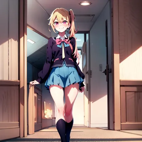 Masterpiece, 8k wallpapepr, best quality, 1girl, HoshinoRuby, <lora:HoshinoRuby>, smile, blush, looking at the viewer, side ponytail, blue school_uniform, indoor, ((white star pupil left eyes:1)), medium long hair,