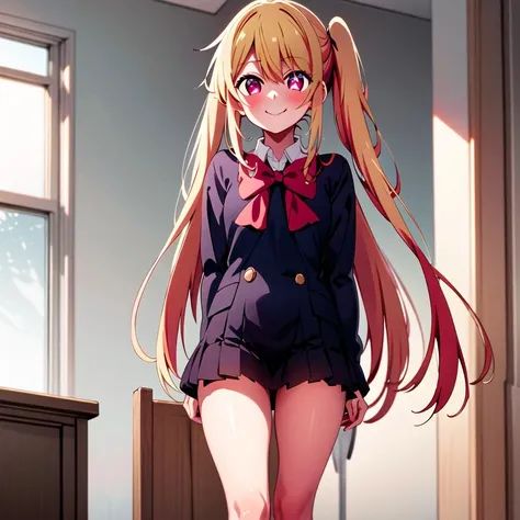 masterpiece, 8k wallpaper, best quality, 1girl, HoshinoRuby, <lora:HoshinoRuby_V2>, smile, blush, indoor, ((white star pupil left eyes,)), blue school_uniform, red bowtie, full_body, from below,