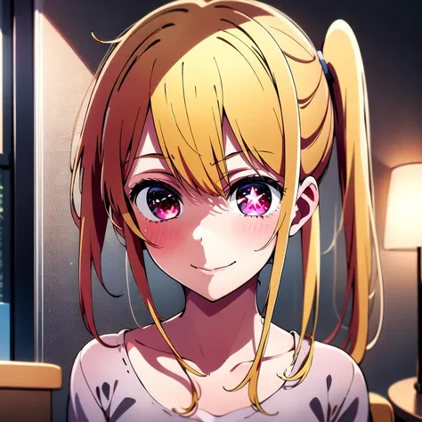 Masterpiece, 8k wallpapepr, best quality, 1girl, HoshinoRuby, <lora:HoshinoRuby>, smile, blush, looking at the viewer, indoor, ((white star pupil left eyes:1)), medium long hair, side ponytail,