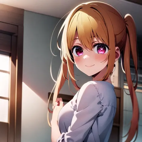 Masterpiece, 8k wallpapepr, best quality, 1girl, HoshinoRuby, <lora:HoshinoRuby>, smile, blush, looking at the viewer, blue school_uniform:1, indoor, ((white star pupil left eyes:1)), medium long hair, portrait,