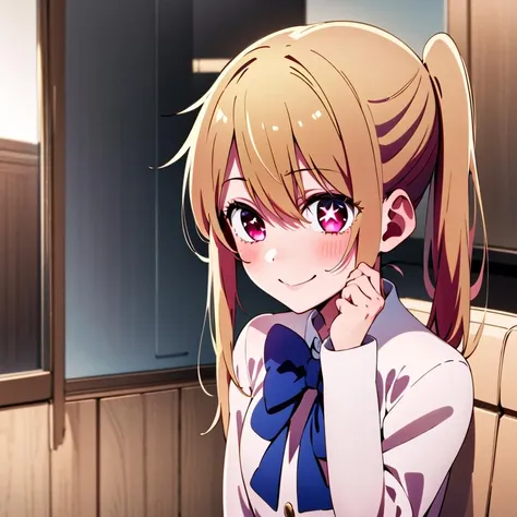 masterpiece, 8k wallpaper, best quality, 1girl, HoshinoRuby, <lora:HoshinoRuby_V2>, smile, blush, indoor, ((white star pupil left eyes,)), blue school_uniform, red bowtie, full_body,