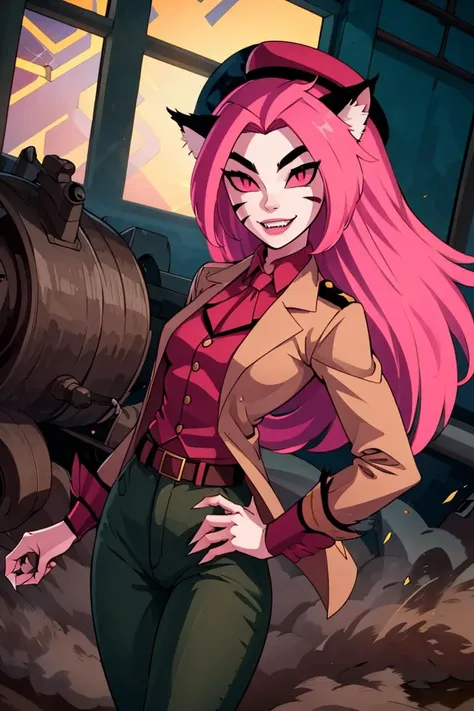 ((masterpiece,best quality)), absurdres, <lora:NyaNya:0.8>, NyaNya, 1girl, solo, pink eyes, pink hair, pink skin, long hair, cat ears, pink sclera, cat tail, claws, slit pupils, pink lips, whisker markings, fangs, solo, smiling, looking at viewer, cowboy shot, military uniform, military, soldier, belt, green pants, beret, brown jacket, world war ii, war, military vehicle, battlefield, battle, dust