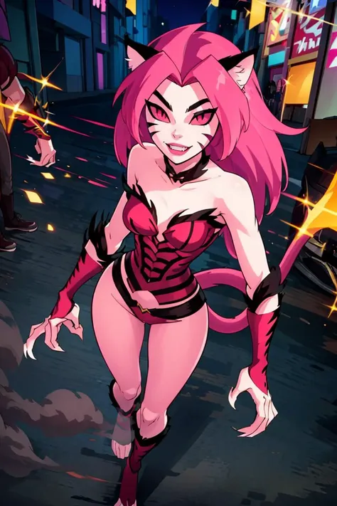 ((masterpiece,best quality)), absurdres, <lora:NyaNya:0.8>, NyaNya,   1girl, solo, pink eyes, pink hair, pink skin, long hair, cat ears, pink sclera, cat tail, claws,  slit pupils, pink lips, whisker markings, fangs, solo, smiling, looking at viewer, cowboy shot, shiny metal, full body armor, breastplate, fingerless gloves, shoulder armor, gauntlets