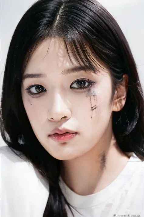 iveyujin,
woman, (closed mouth), ((ruined makeup)), Nikon RAW photo,8 k,Fujifilm XT3, (black hair), upper body, portrait:1.2, closeup:1.2,
realistic, (natural skin texture, soft light, sharp:1.2), masterpiece, best quality, realistic, photorealistic,ultra detailed,perfect lighting,
(white shirt:1.2), ((black background:1.2))),
<lora:iveyujin:1><lora:ruined:0.7>
