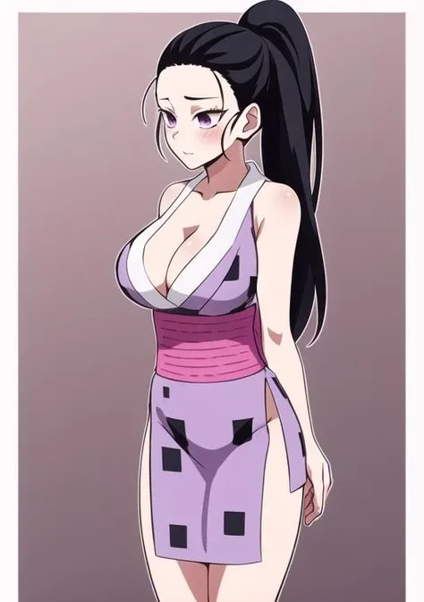<lora:Hinatsuru:0.8>, hinatsuru, 1girl, long hair, large breasts, black hair, cleavage, bare shoulders, purple eyes, collarbone, ponytail, japanese clothes, sleeveless, kimono, sash, obi, sleeveless kimono ,