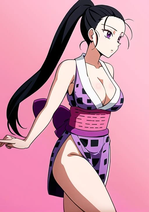 <lora:Hinatsuru:0.8>, hinatsuru, 1girl, long hair, large breasts, black hair, cleavage, bare shoulders, purple eyes, collarbone, ponytail, japanese clothes, sleeveless, kimono, sash, obi, sleeveless kimono ,