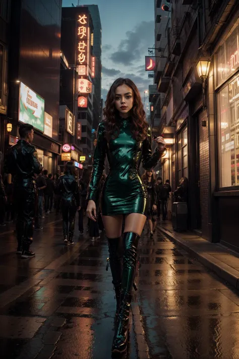 <lora:JadeWorld:1> (JadeWorld:0.9), 1woman sexy skinny in latex dress walking in a cyber city with ghosts