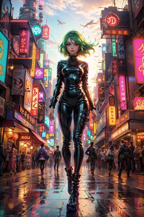 <lora:JadeWorld:1> (JadeWorld:0.9), 1woman sexy skinny in latex dress walking in a cyber city with ghosts