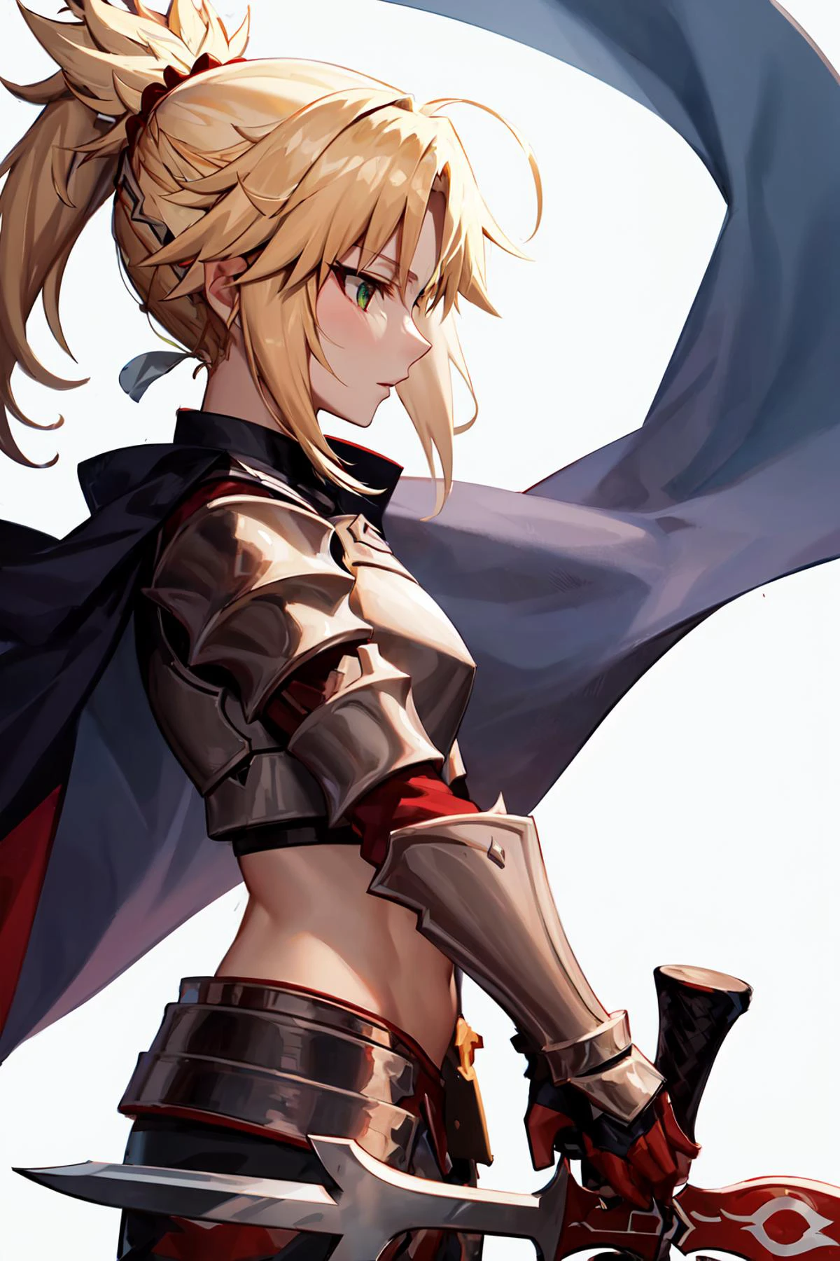 <lora:MordredV1>, mordred \(fate\), armor, midriff, breastplate, pauldrons, cape, from side,, holding sword