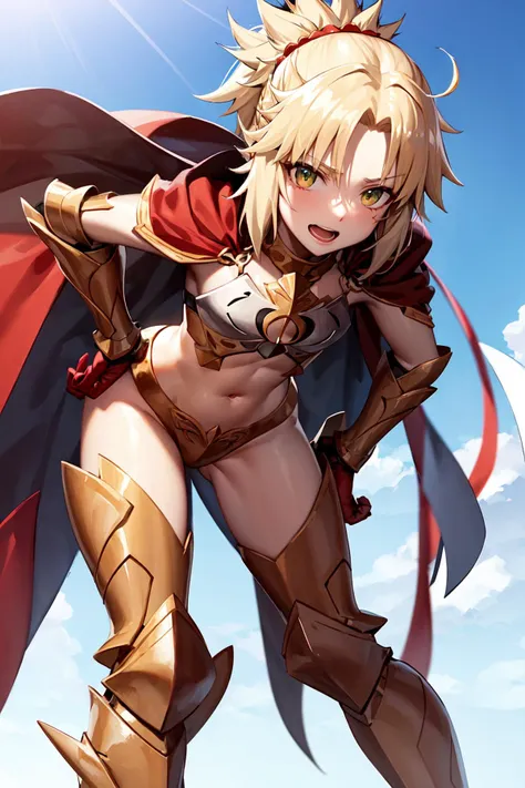 <lora:MordredV1>,  mordred \(fate\),  armor, midriff, navel breastplate, pauldrons, cape, from below, hands on hips, (leaning forward:1.1), open mouth