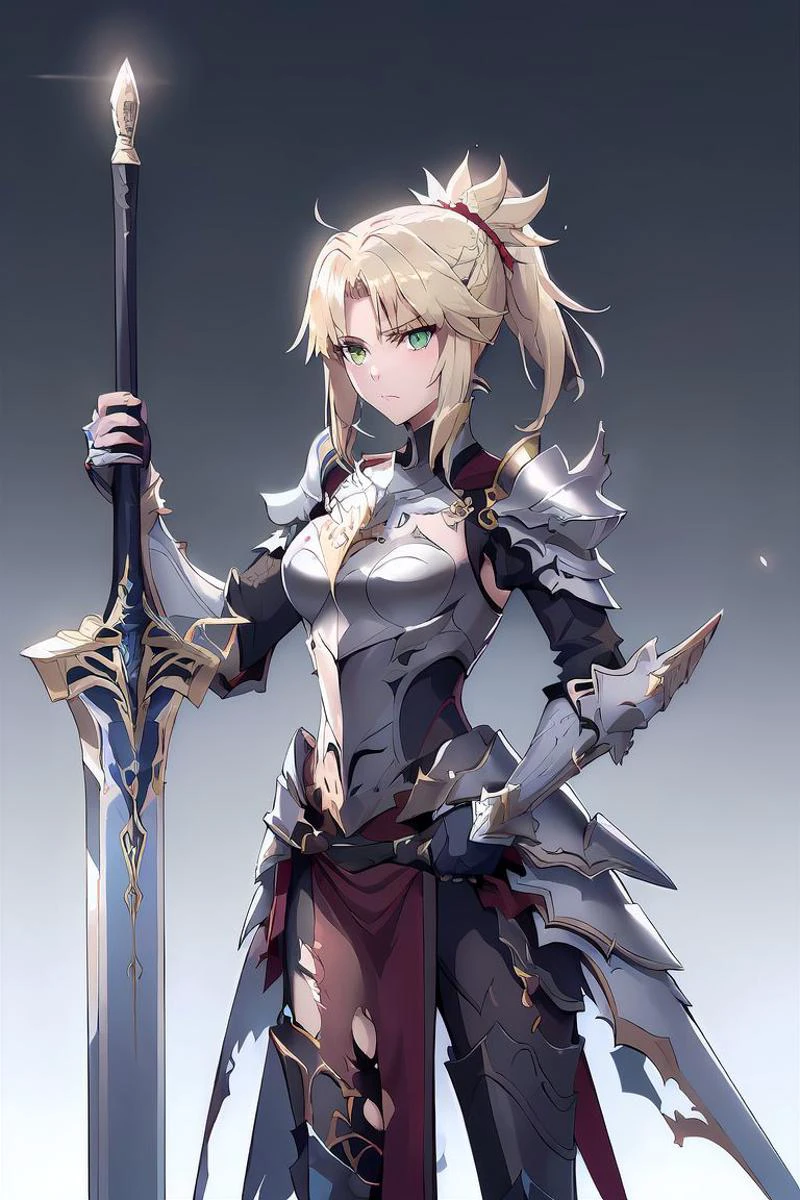 (masterpiece, top quality, best quality, official art, beautiful and aesthetic:1.2),(8k, best quality, masterpiece:1.2),CGDivineSwordsw, weapon, armor, sword, 1girl, solo, holding, female focus, holding weapon, holding sword, glowing, helmet, shoulder armor, greaves, torn, torn clothes, standing, gauntlets, pauldrons, glowing weapon, breastplate, glowing sword, (epic glow:1.4), mordred \(fate\), green eyes, camelot <lora:CGDivineSwordsw_20230611172159:0.4.5> <lora:MordredV3:1>