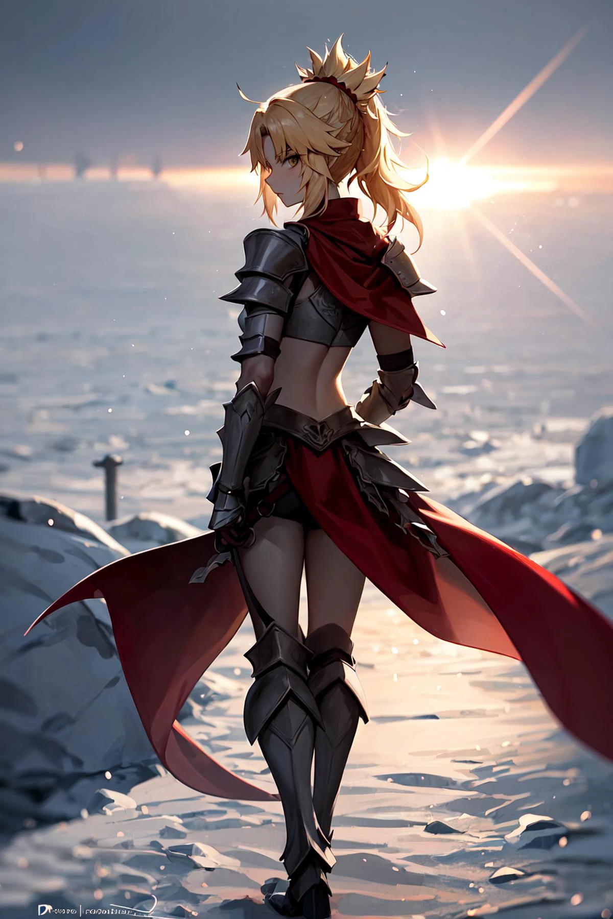 <lora:MordredV1>, mordred \(fate\), armor, midriff, breastplate, pauldrons, cape, solo, walking, (looking over shoulder, looking at viewer:1.2), backlit, silhouette, against light, against sun, from behind outdoors, snow