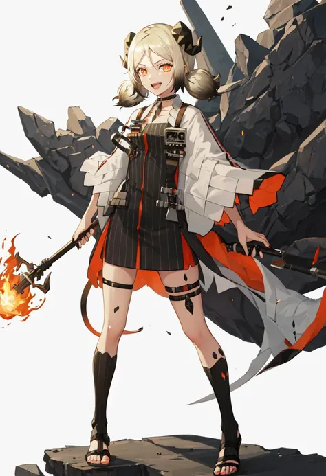 best quality, masterpiece, highres, solo, (ifrit_arknights:1.10), 1girl, black footwear, full body, toeless footwear, thigh strap, looking at viewer, toenail polish, black choker, smile, holding weapon, standing, short dress, black dress, fire, orange nails, sandals, oripathy lesion (arknights), striped dress, open mouth, simple background, white background, low twintails, originium arts (arknights), rhine lab logo, 2 <lora:ifrit_arknights:0.80>