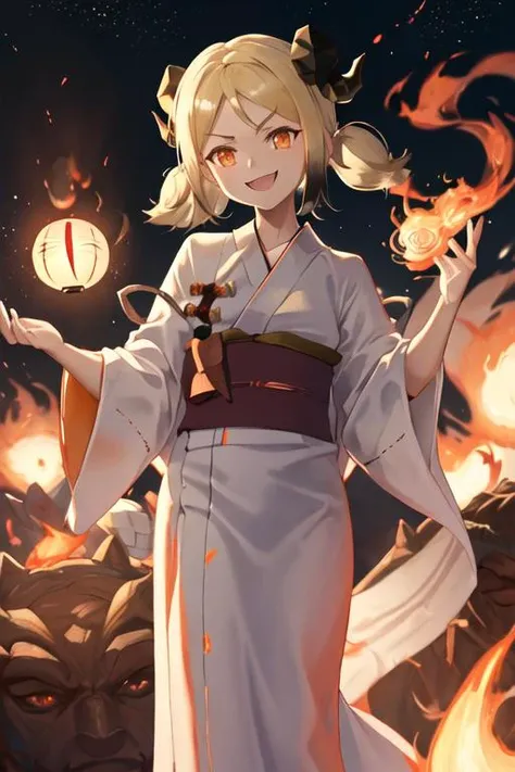 best quality, masterpiece, highres, solo, {yukata:1.40}, {kimono:1.20}, {ifrit_arknights:1.15}, horns, blonde_hair, orange_eyes, twintails, short_hair, demon_horns, smile, upper_body, fire