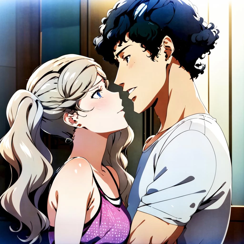 masterpiece, highres, 1boy, 1girl, kamoshida_anne, hetero, yellow tank top, plain white t-shirt, imminent kiss, upper body <lora:kamoshida_anne_v1:0.7>