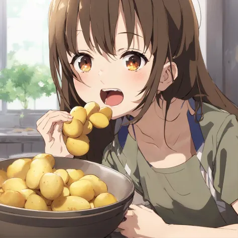 anime, a girl is eating potatoes