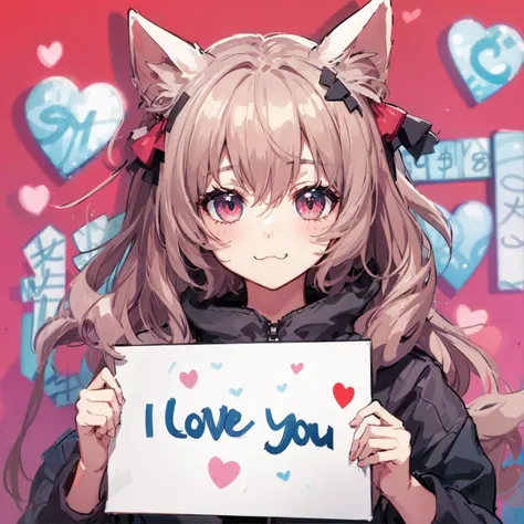 anime artwork a catgirl holding a sign that says "I love you", naughty face. anime style, key visual, vibrant, studio anime, highly detailed
