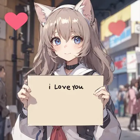 anime, photo of a cute catgirl holding a sign that says "I love you"