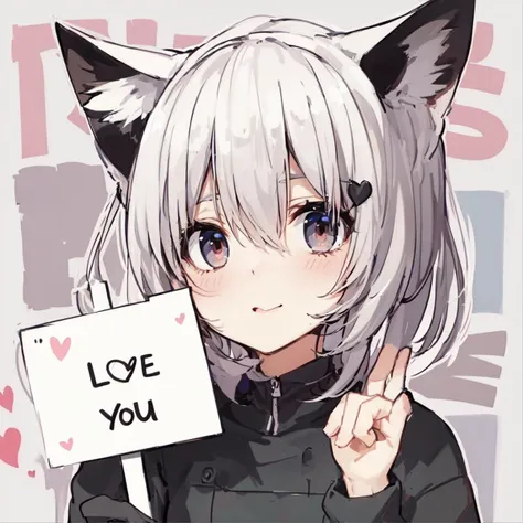 anime, a cute girl holding a sign that says "I love you", :3, catmouth, smug, animal ears, cat tail, fake animal ears, hair between eyes