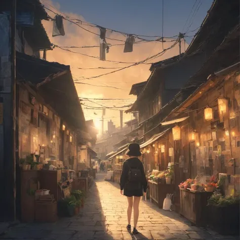 Masterpiece artwork in style of Makoto Shinkai. A girl with black half updo hair in unzipped parka and sporty shorts, walking down an alleyway filled with market stalls and stores. The setting sun faintly illuminated the alley with its rays and therefore the lanterns were already lit, creating a cozy and warm atmosphere.