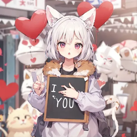 anime, a cute girl holding a sign that says "I love you", :3, catmouth, smug, animal ears, cat tail, fake animal ears, hair between eyes