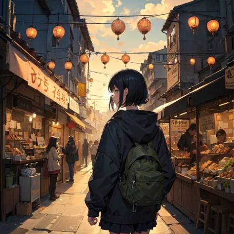 Masterpiece anime artwork in style of Makoto Shinkai. A girl with black half updo hair in unzipped parka and sporty shorts, walking down an alleyway filled with market stalls and stores. The setting sun faintly illuminated the alley with its rays and therefore the lanterns were already lit, creating a cozy and warm atmosphere.