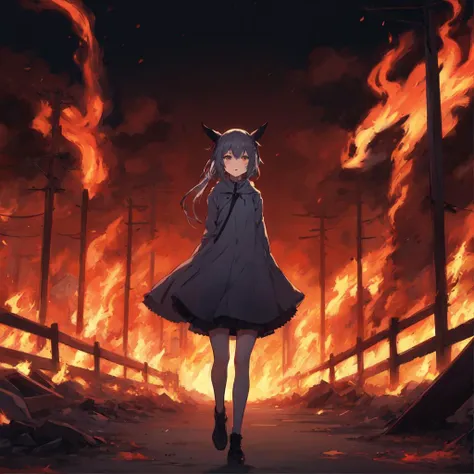 anime, a demonic girl walks through the night fire park