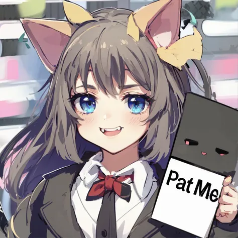 anime, a catgirl holding a sign that says "Pat me", :3, catmouth, smug